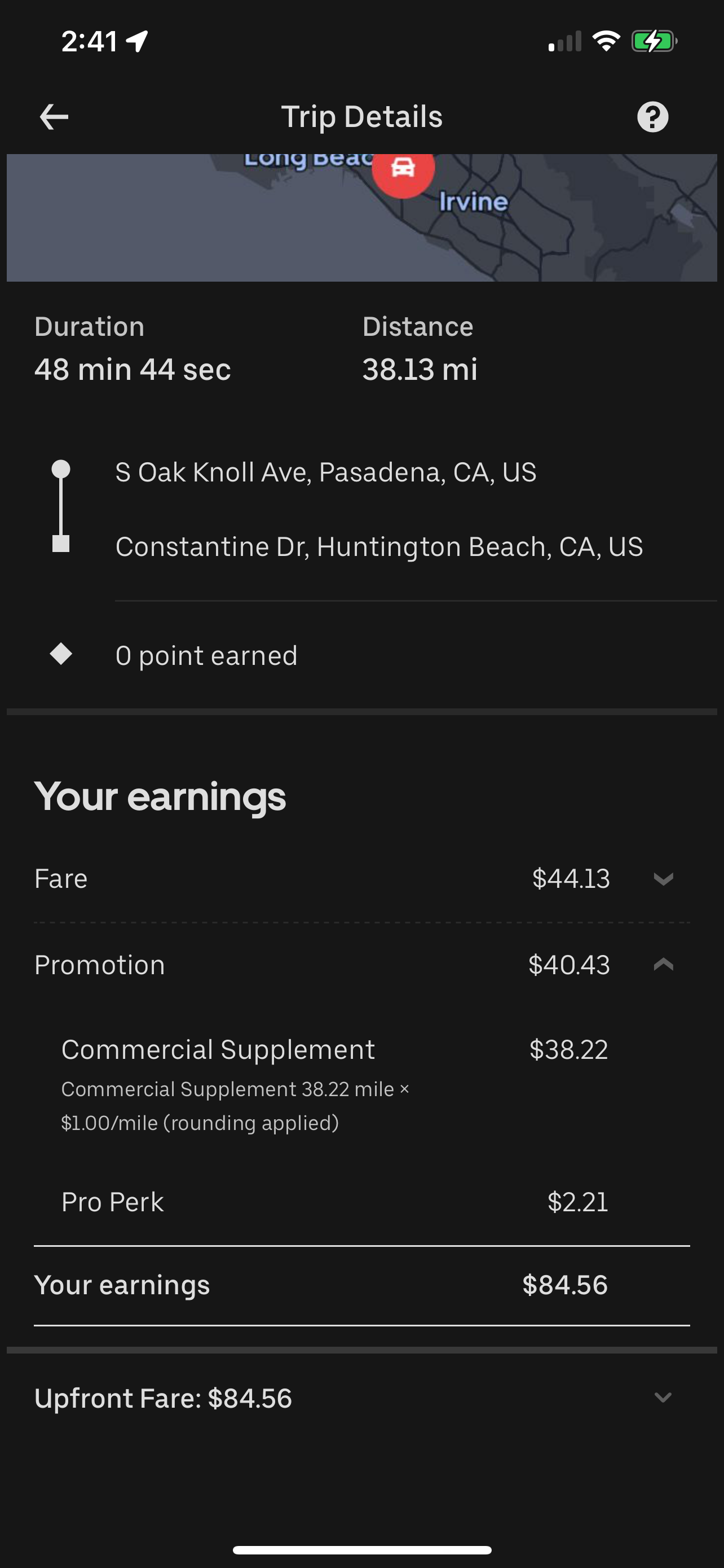 Trip earning $37.14 with $16.17 supplement