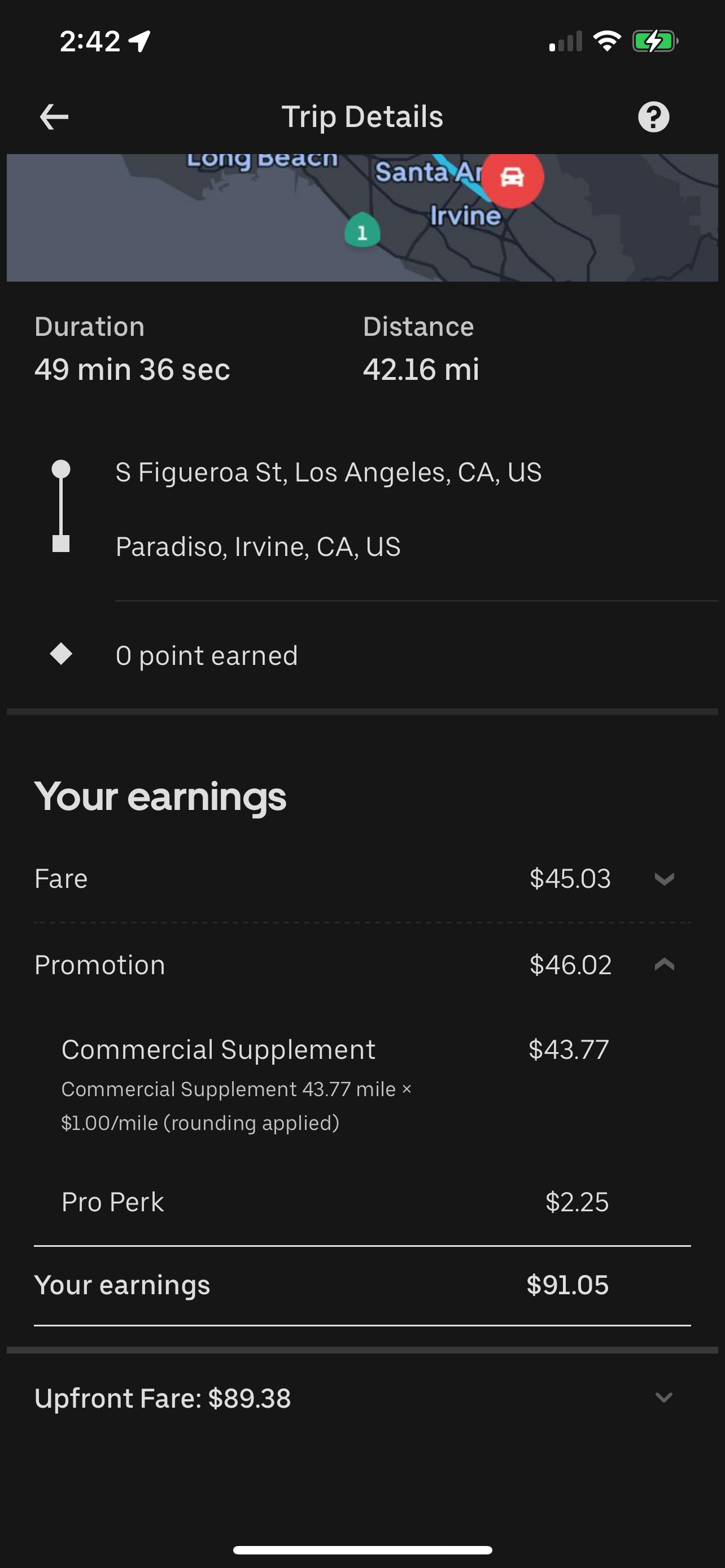 Trip earning $84.56 with $38.22 supplement