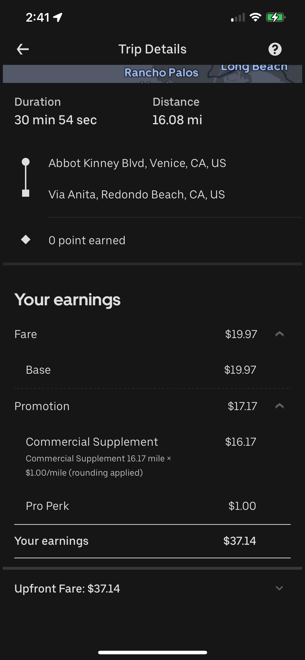 Trip earning $91.05 with $43.77 supplement